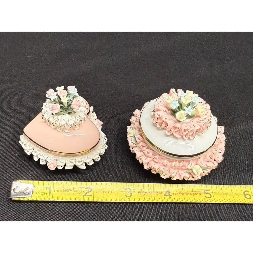 Set of 2 capodimonte porcelain trinket/jewelry boxes pink flowers heart Italy
